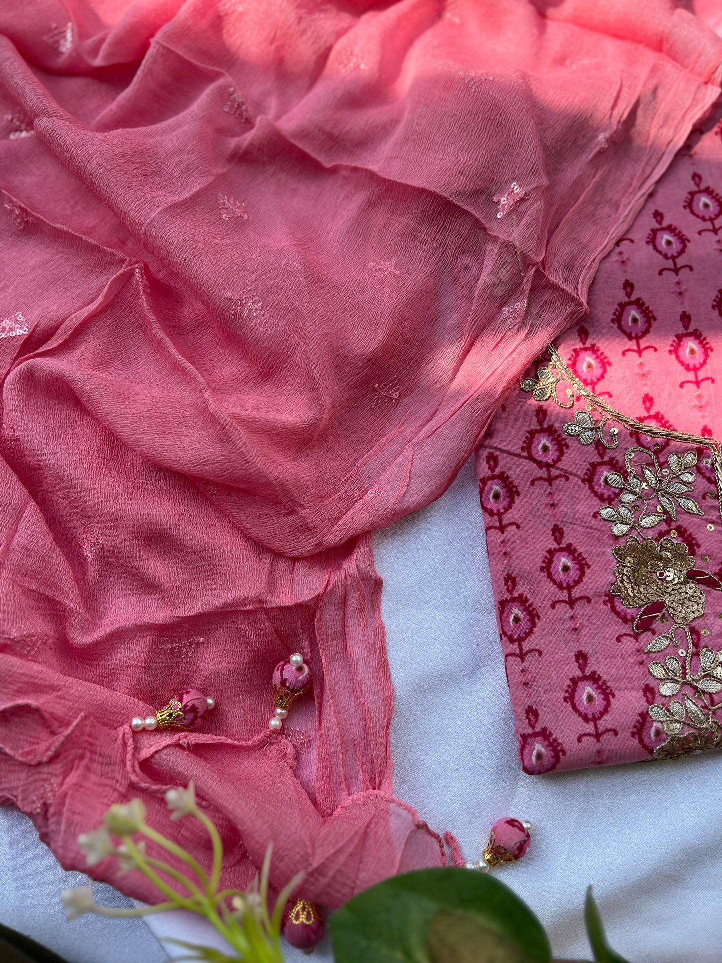 Elegant Rose Pink Cotton Suit Set With Hand Embroidery