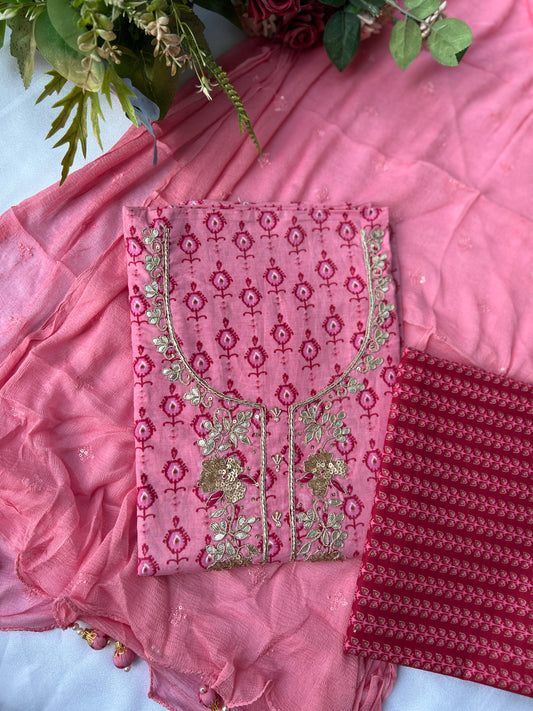 Elegant Rose Pink Cotton Suit Set With Hand Embroidery