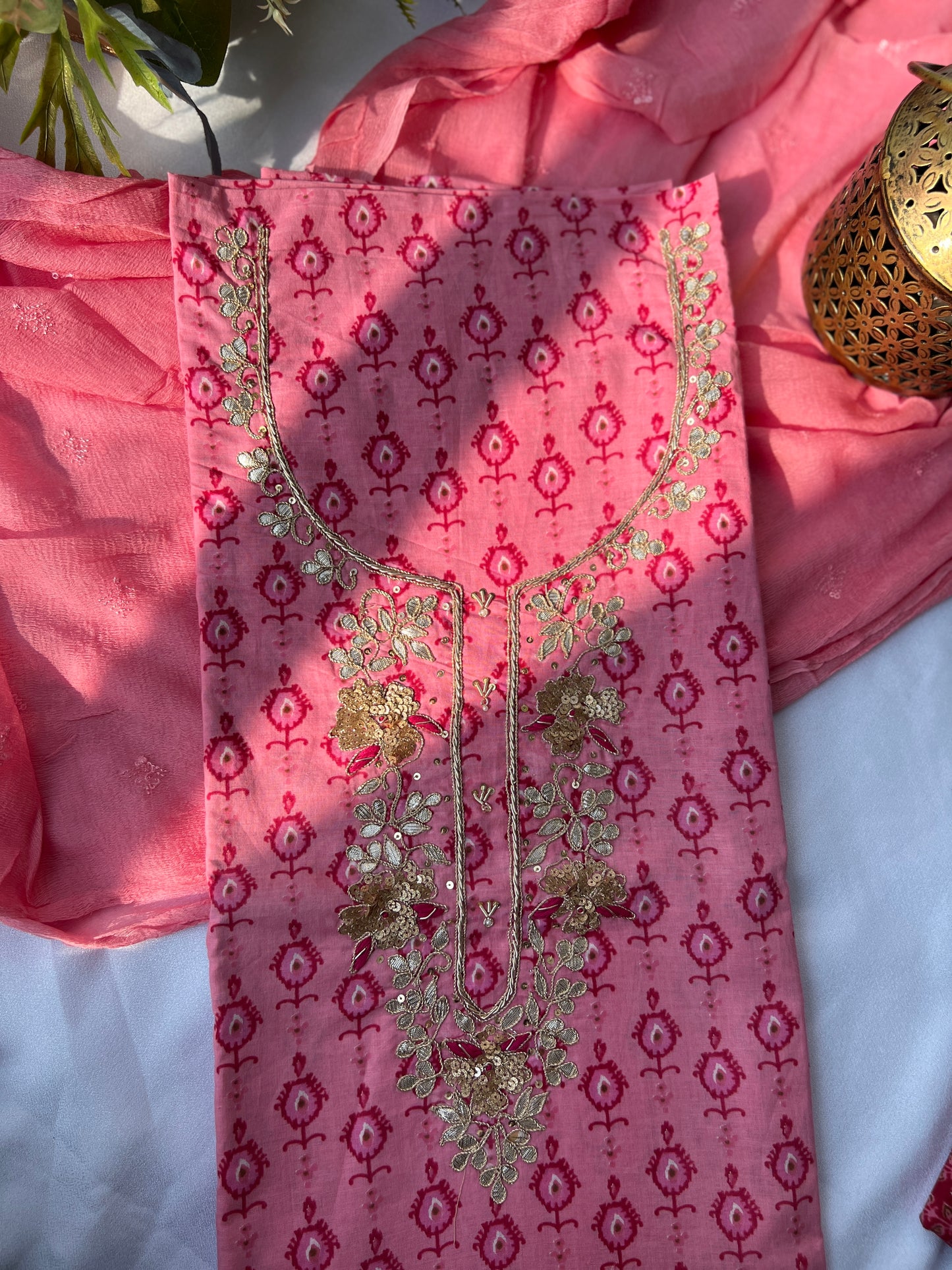 Elegant Rose Pink Cotton Suit Set With Hand Embroidery