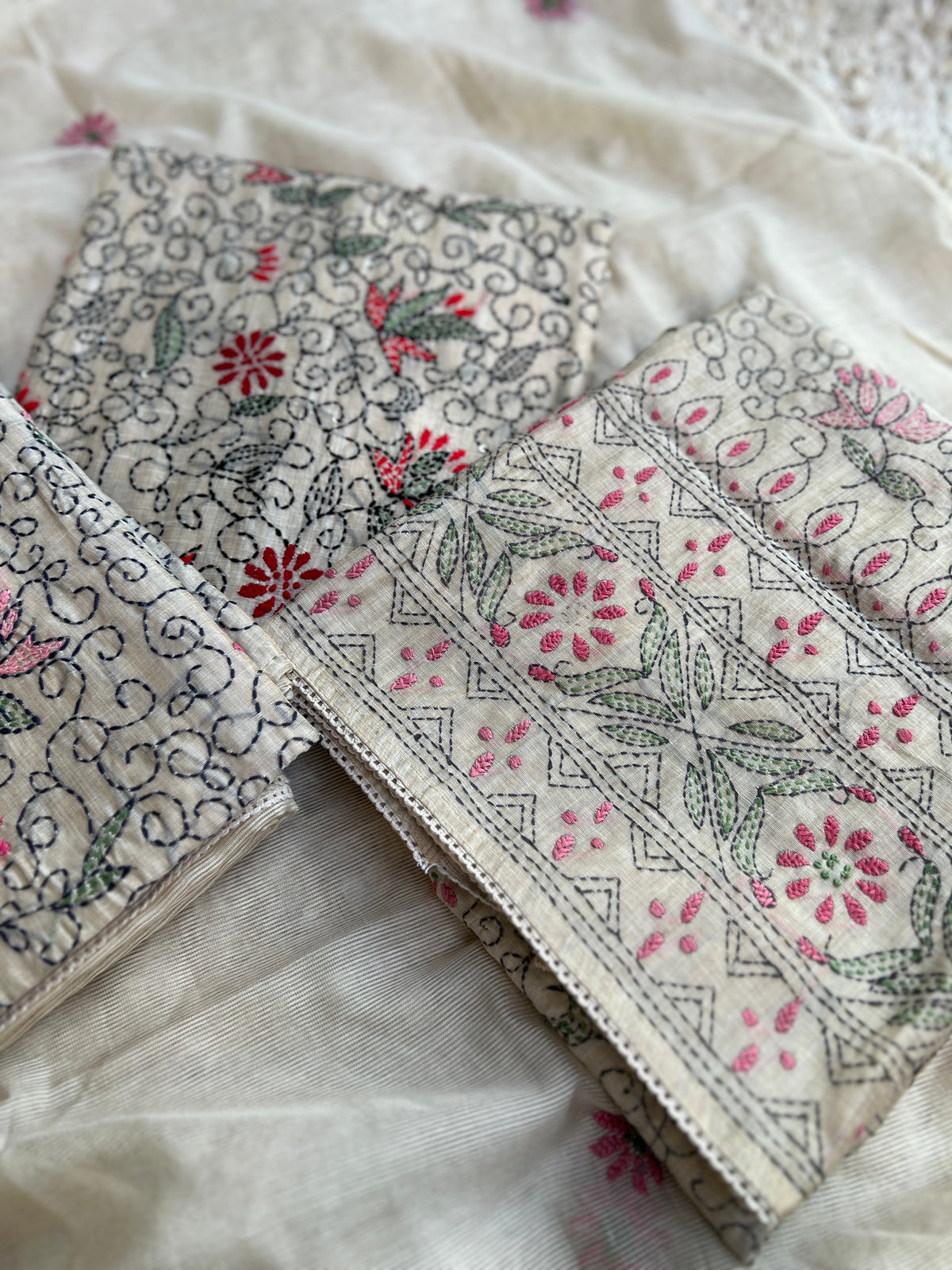 Handcrafted Kantha Embroidered Maheshwari Silk Suit Set