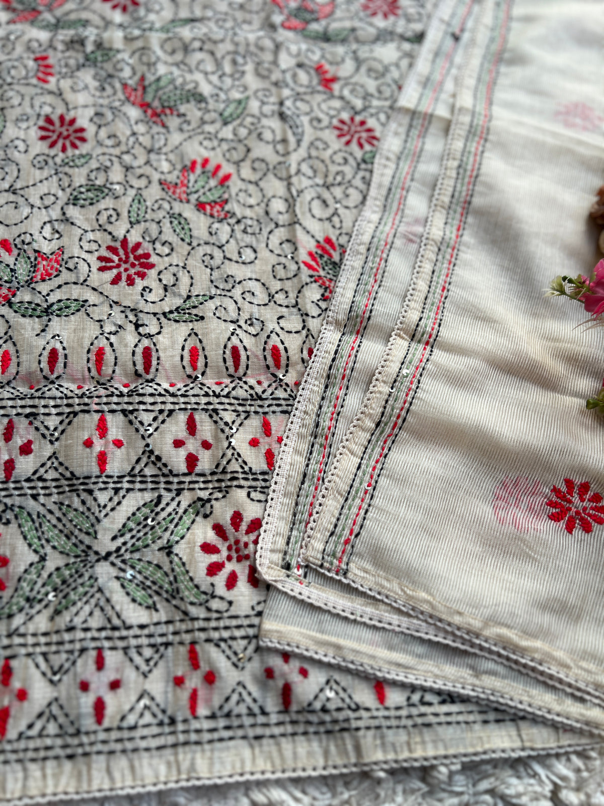 Handcrafted Kantha Embroidered Maheshwari Silk Suit Set