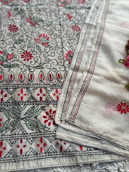 Handcrafted Kantha Embroidered Maheshwari Silk Suit Set