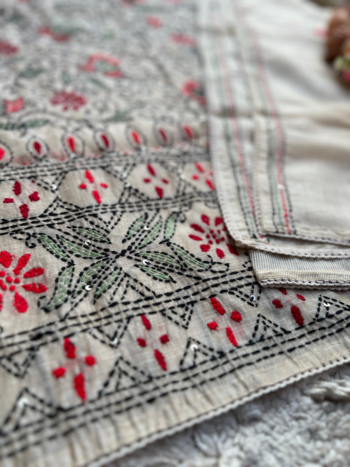 Handcrafted Kantha Embroidered Maheshwari Silk Suit Set