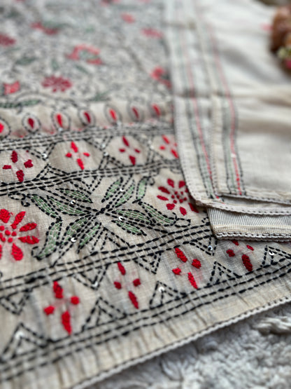 Handcrafted Kantha Embroidered Maheshwari Silk Suit Set
