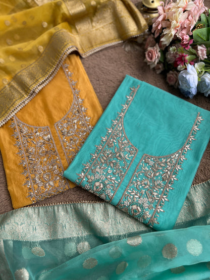 Elegance Redefined – Chanderi Silk Handwork Suit with Tissue Banarasi Dupatta