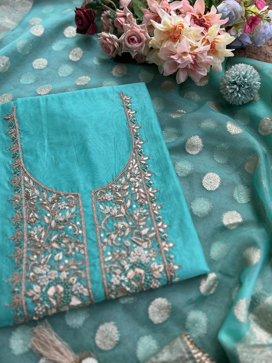 Elegance Redefined – Chanderi Silk Handwork Suit with Tissue Banarasi Dupatta