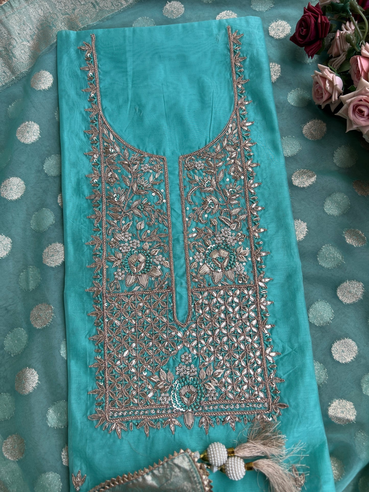 Elegance Redefined – Chanderi Silk Handwork Suit with Tissue Banarasi Dupatta