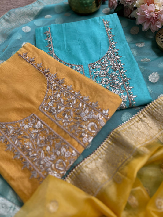 Elegance Redefined – Chanderi Silk Handwork Suit with Tissue Banarasi Dupatta