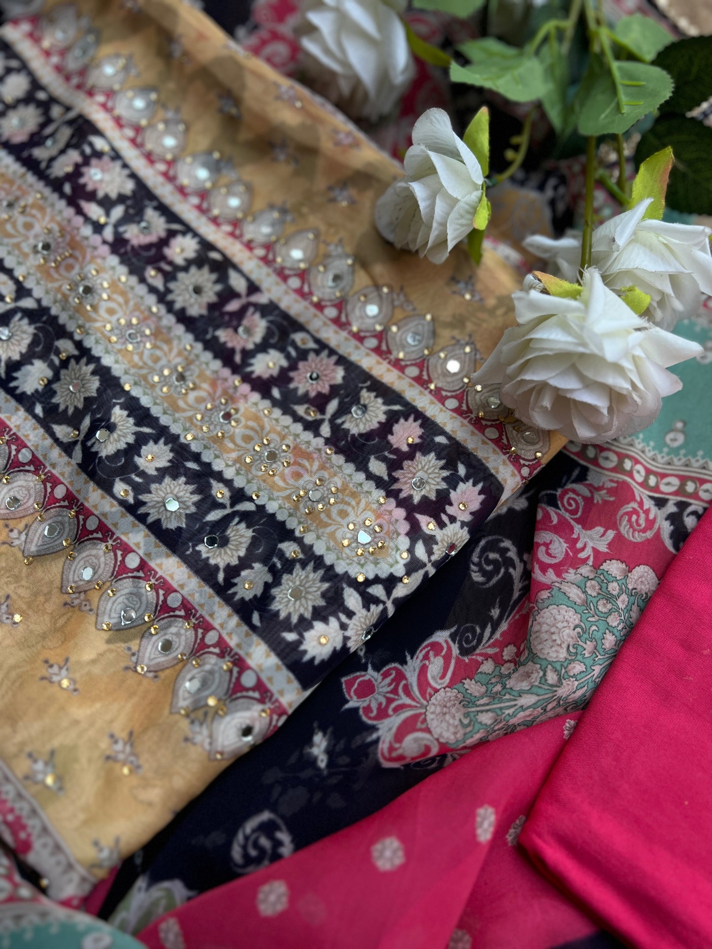 Hot pink Embroidered Semistiched