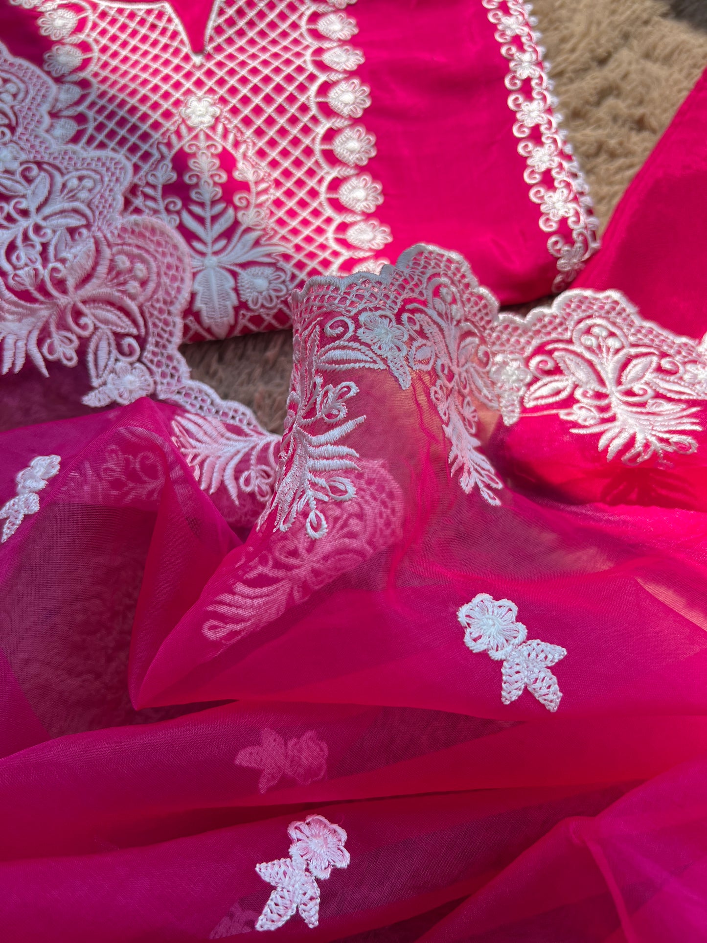 Hot pink Embroidered Semistiched