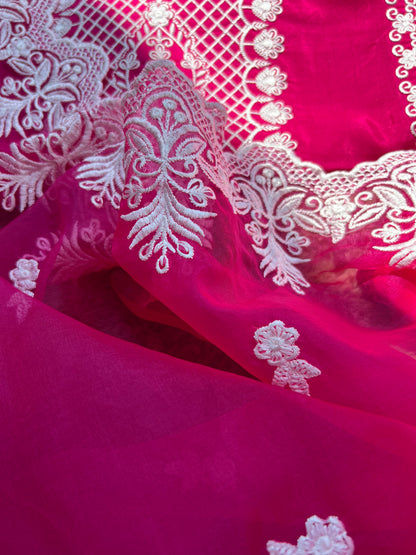 Hot pink Embroidered Semistiched