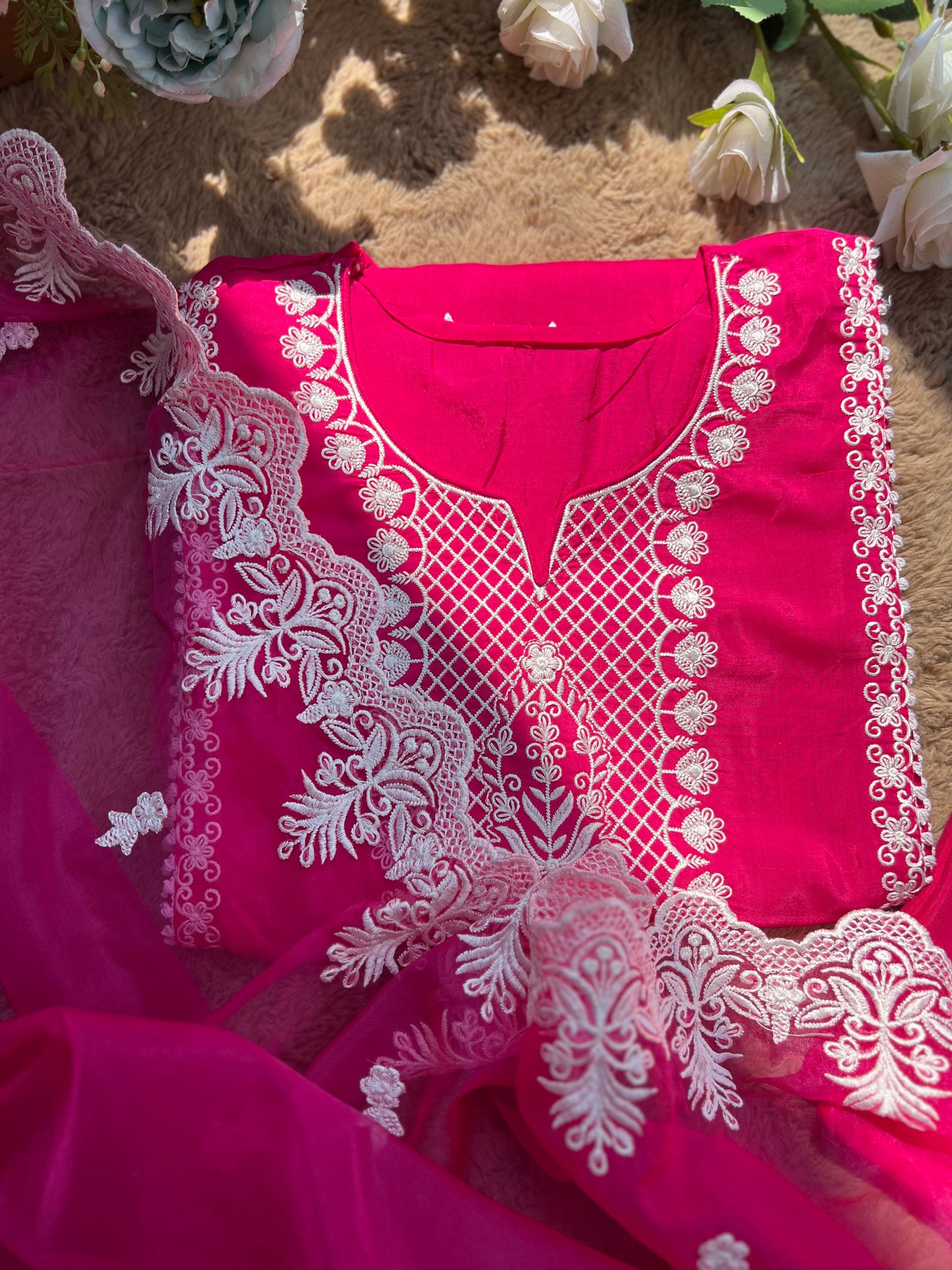 Hot pink Embroidered Semistiched