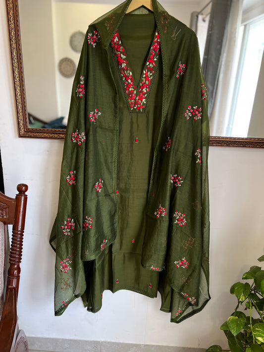 Mehendi Green Hand-Embroidered Pure Mal Mulmul Suit Set