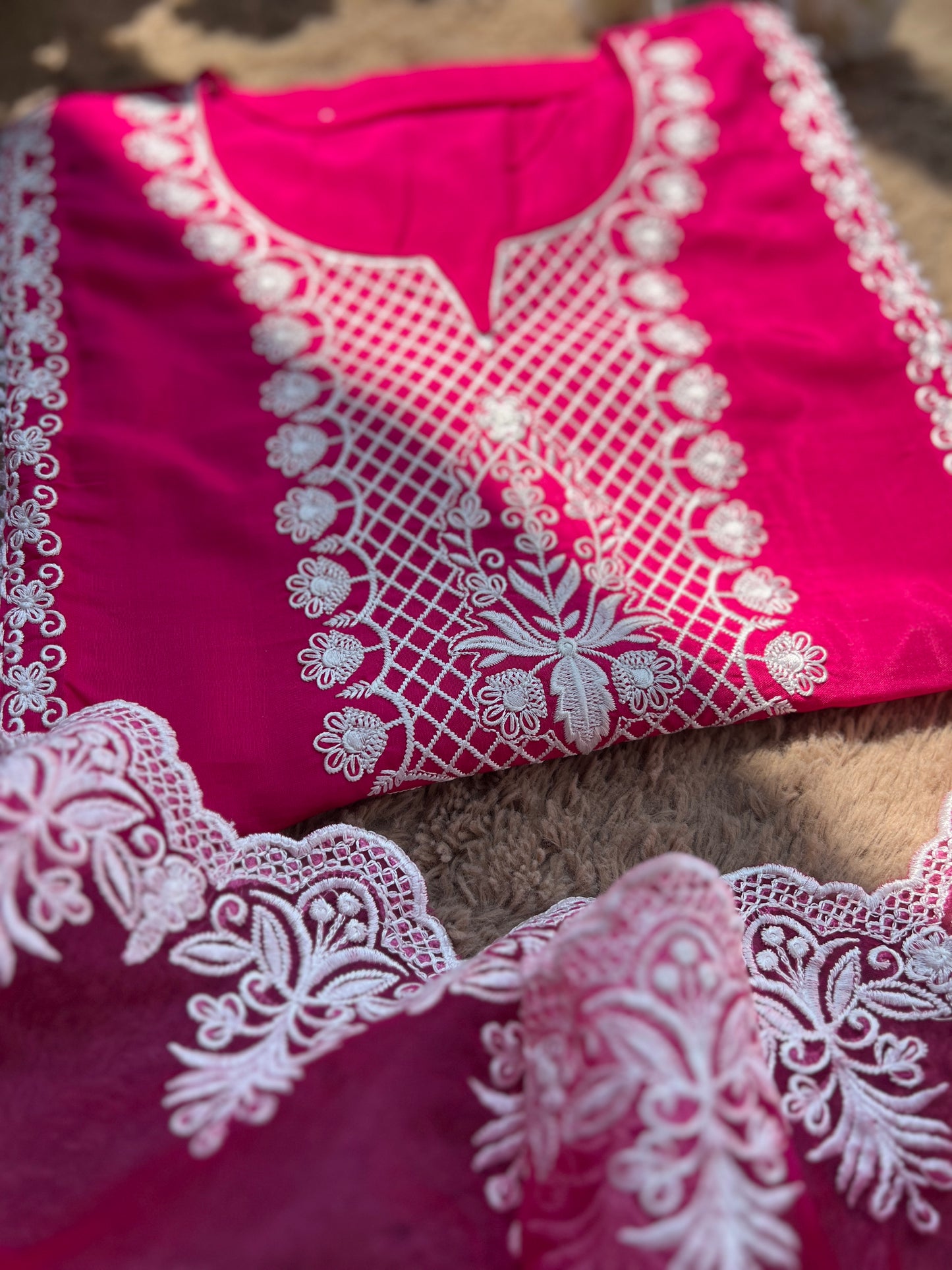 Hot pink Embroidered Semistiched