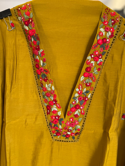 Mustard Olive Hand-Embroidered Premium Maslin  Suit Set