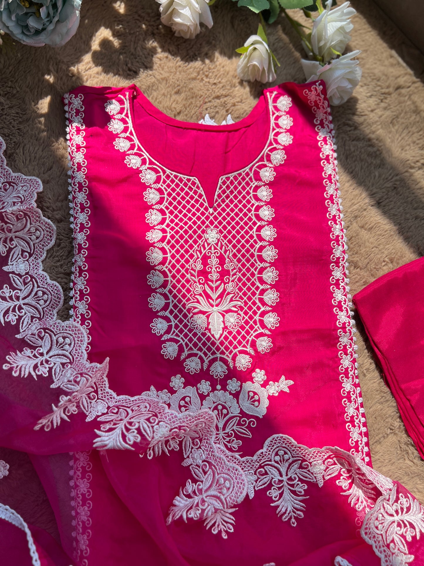 Hot pink Embroidered Semistiched