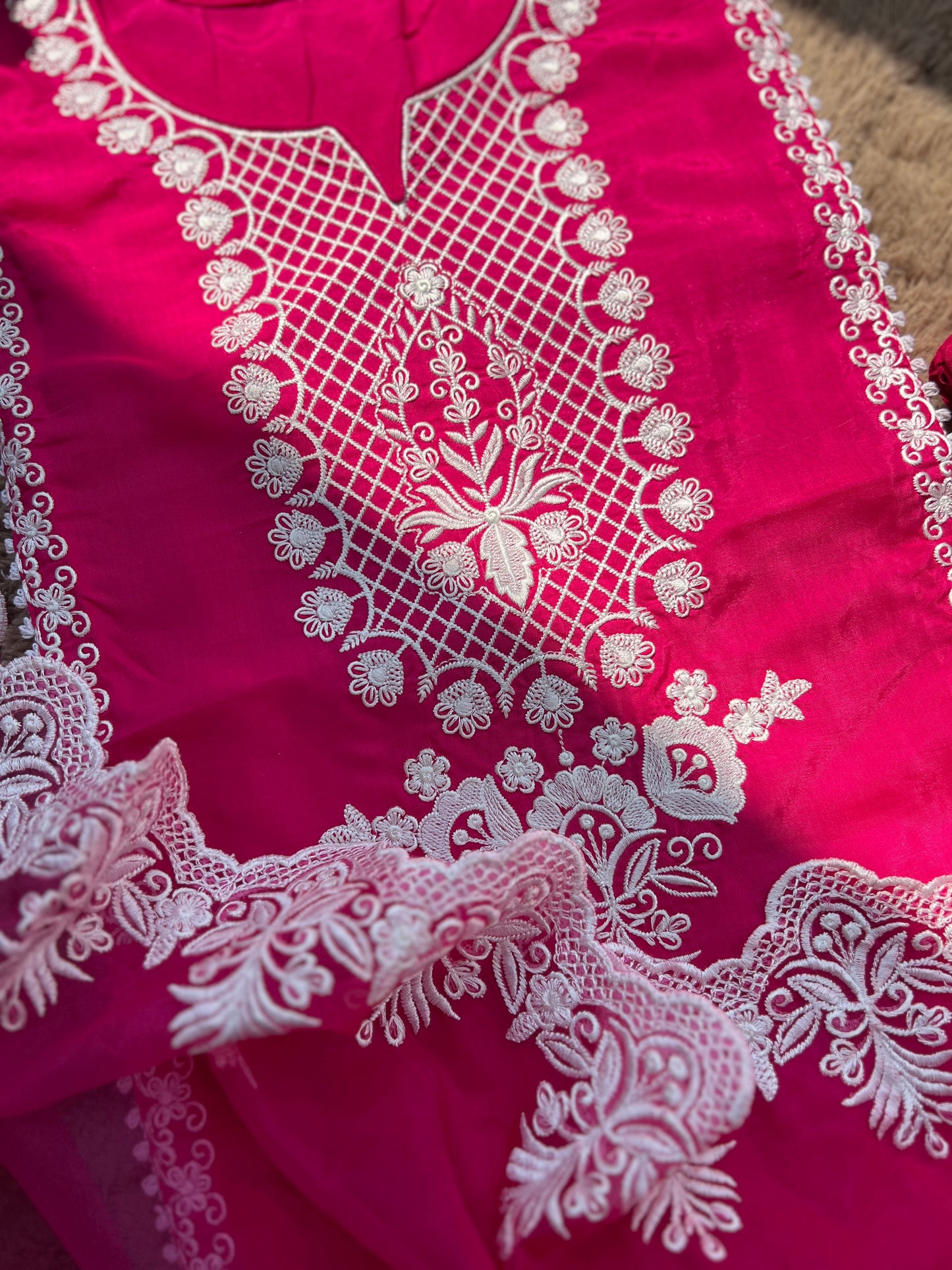 Hot pink Embroidered Semistiched