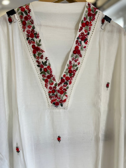Moon White Hand-Embroidered Pure Mal Maslin  Suit Set