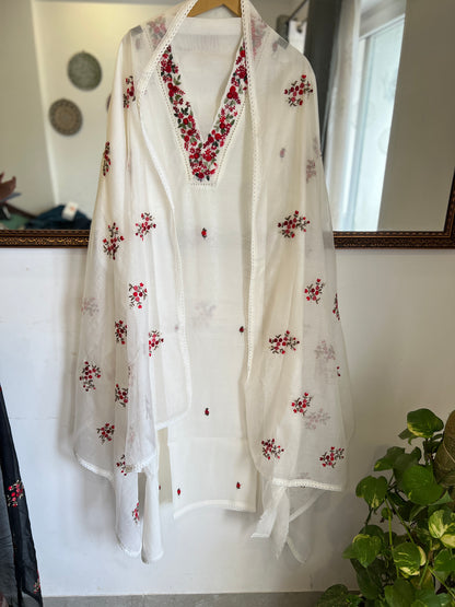 Moon White Hand-Embroidered Pure Mal Maslin  Suit Set