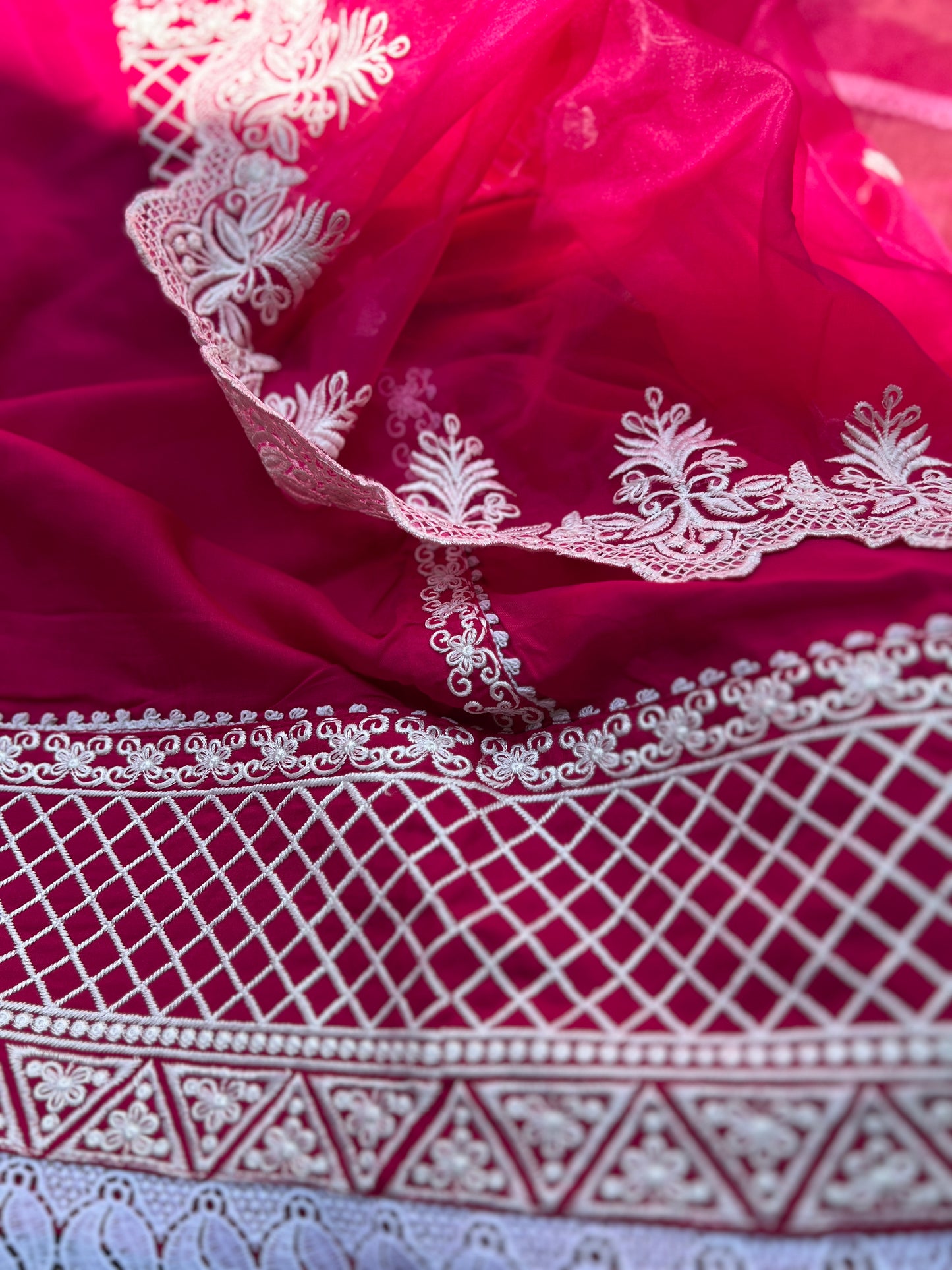 Hot pink Embroidered Semistiched