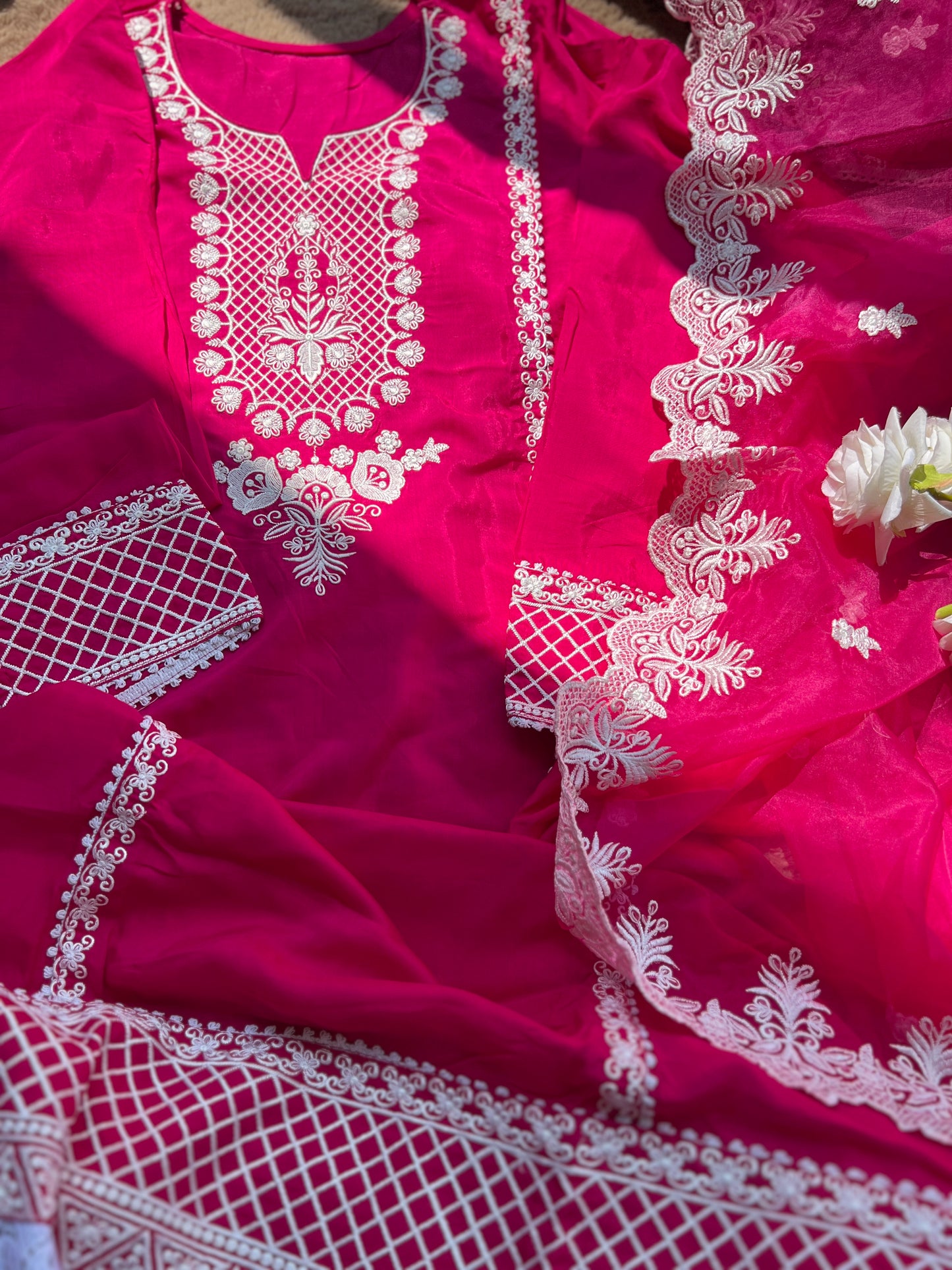 Hot pink Embroidered Semistiched