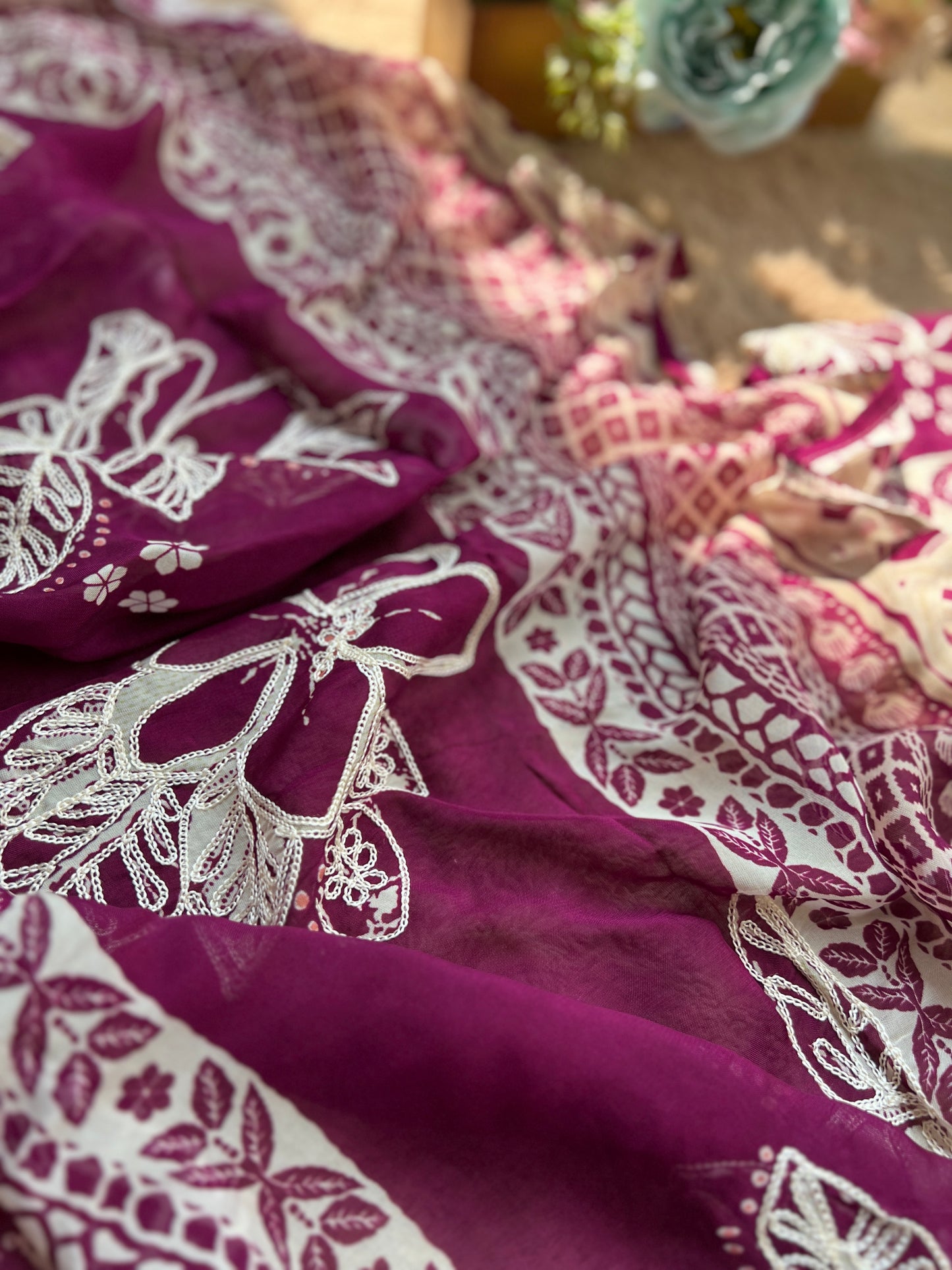 Magenta Muse: Pakistani Semi-Stitched Suit with Seashell Detailing