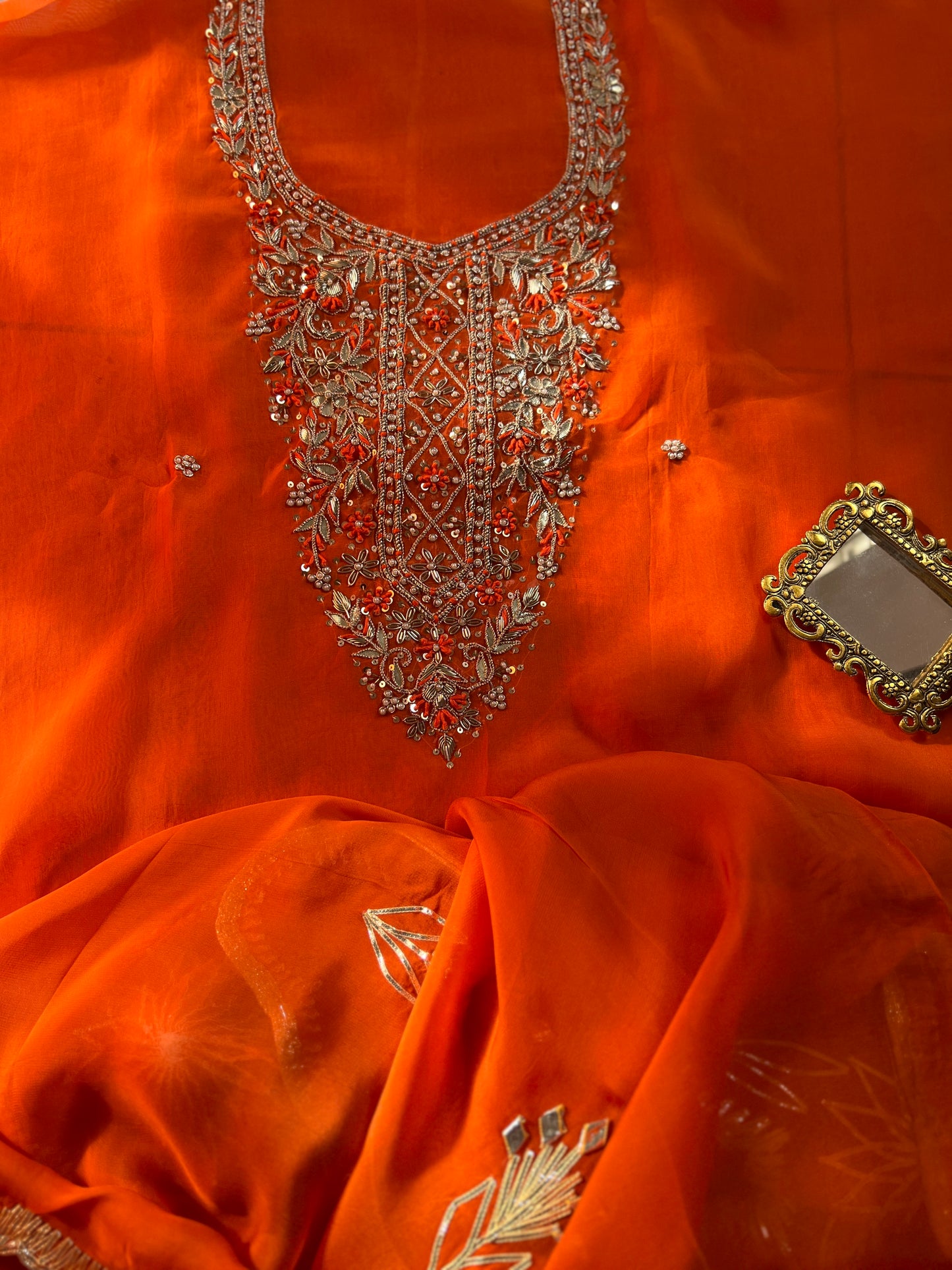 Fanta Orange Organza Ensemble with Handwork & Gotaphool Detailing