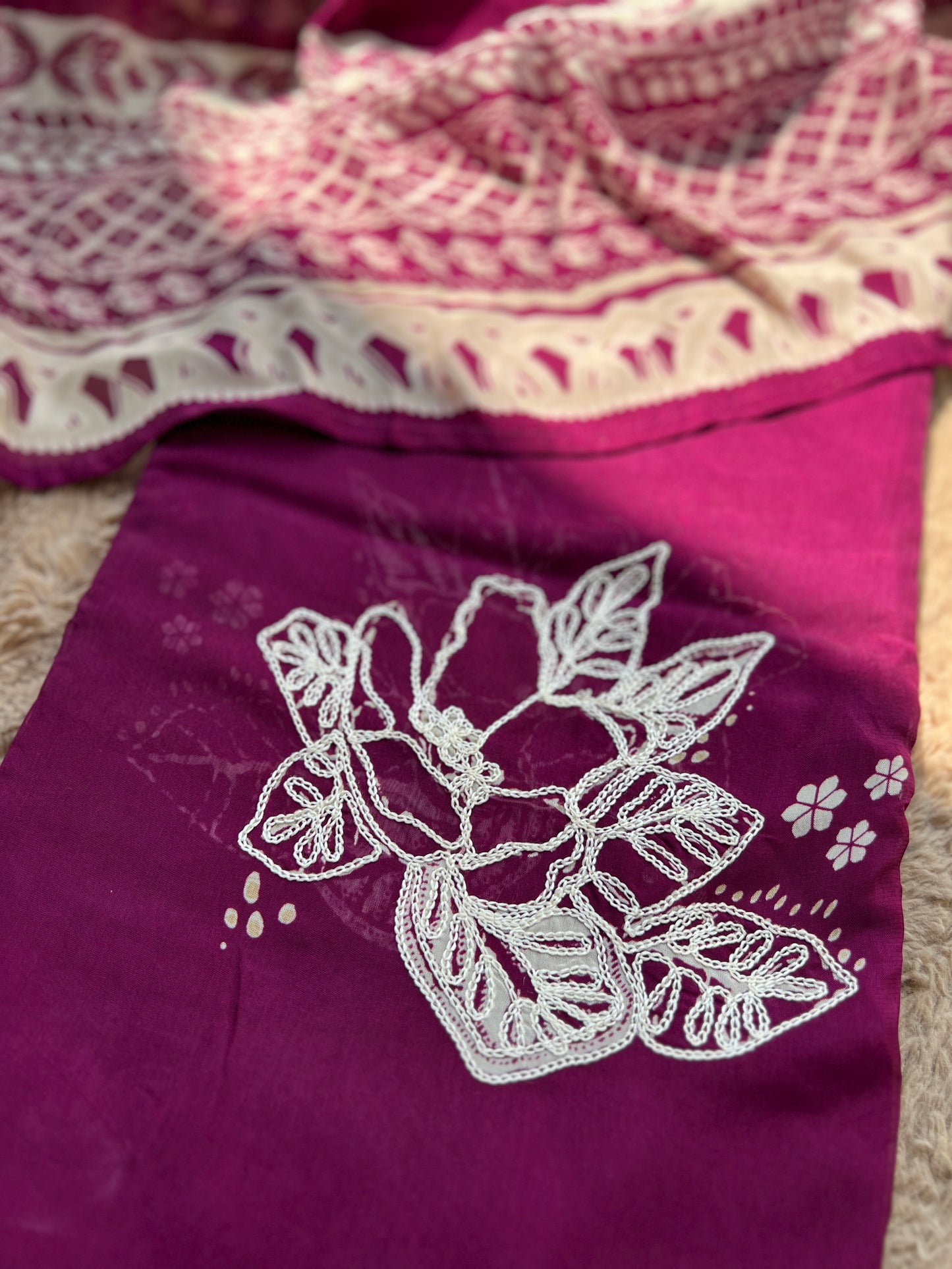 Magenta Muse: Pakistani Semi-Stitched Suit with Seashell Detailing