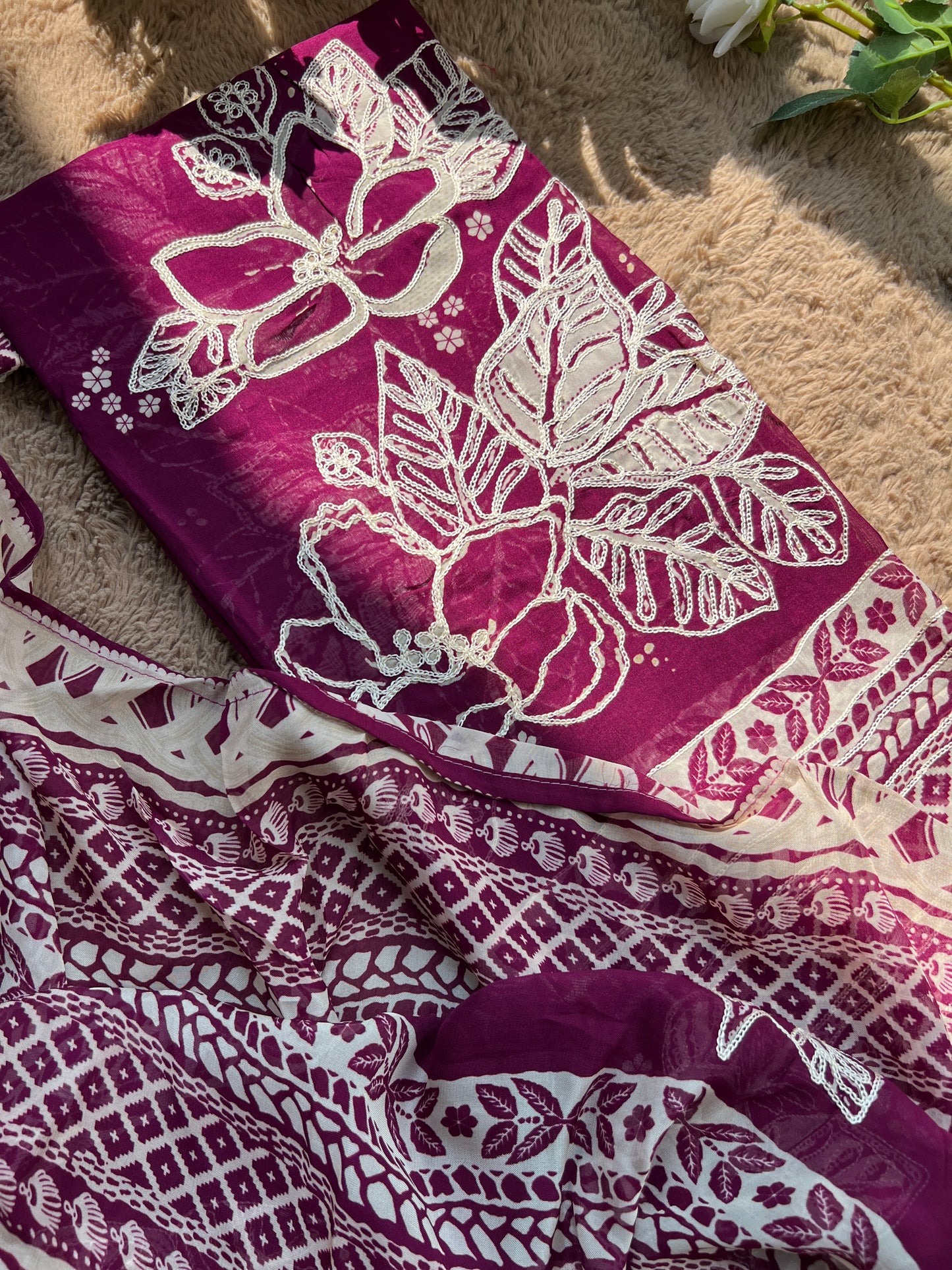 Magenta Muse: Pakistani Semi-Stitched Suit with Seashell Detailing