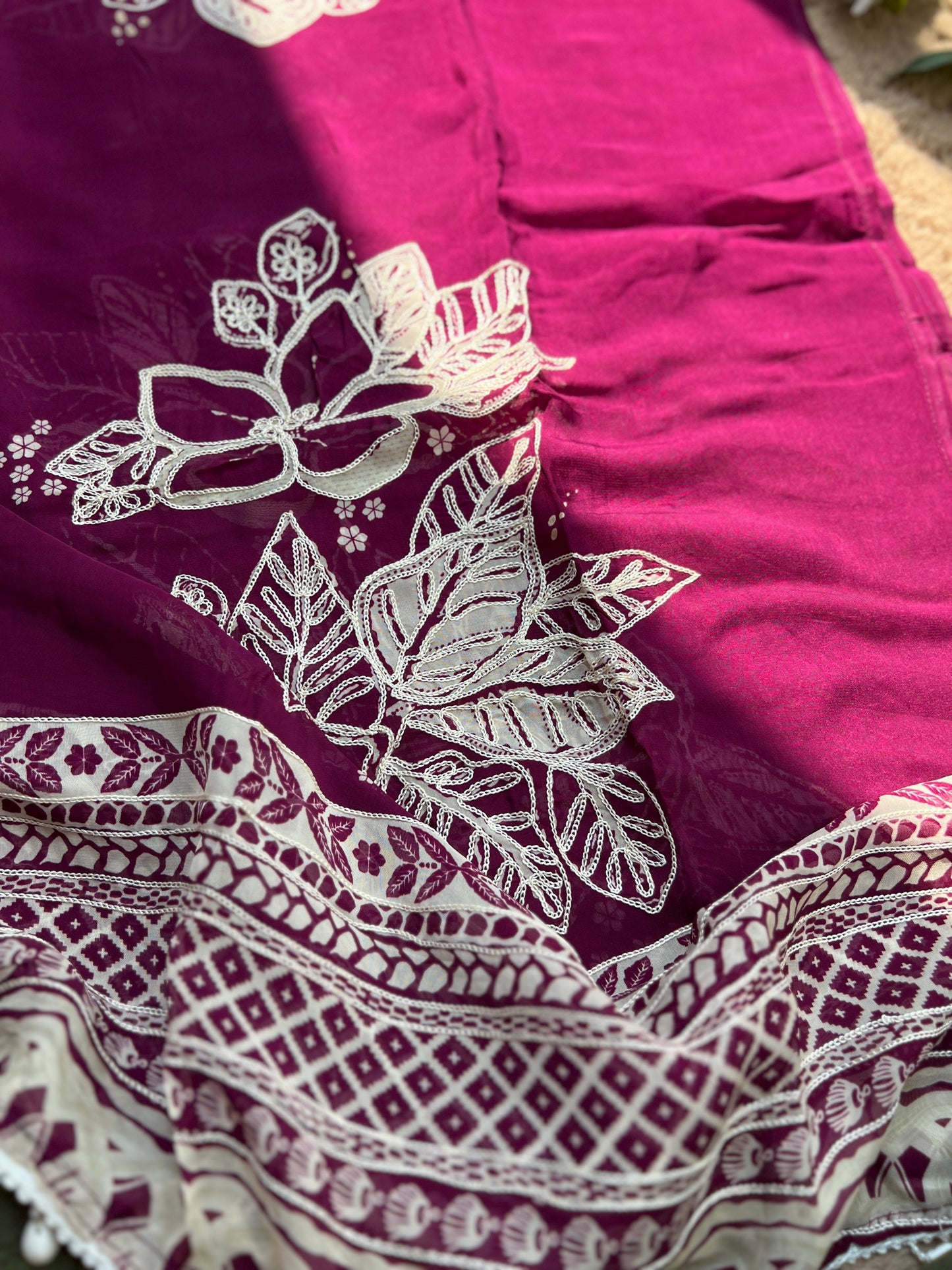 Magenta Muse: Pakistani Semi-Stitched Suit with Seashell Detailing
