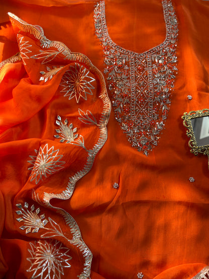 Fanta Orange Organza Ensemble with Handwork & Gotaphool Detailing