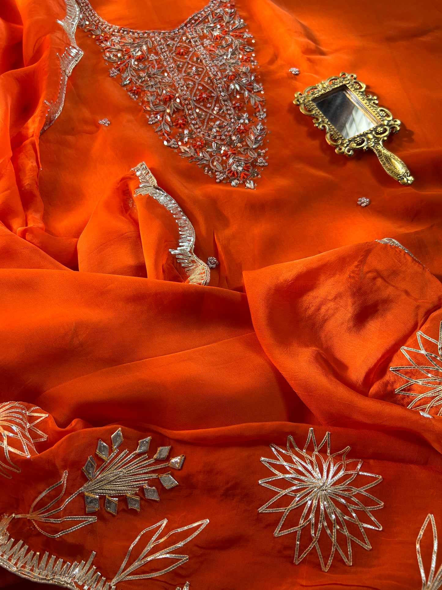 Fanta Orange Organza Ensemble with Handwork & Gotaphool Detailing