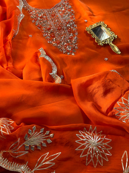 Fanta Orange Organza Ensemble with Handwork & Gotaphool Detailing