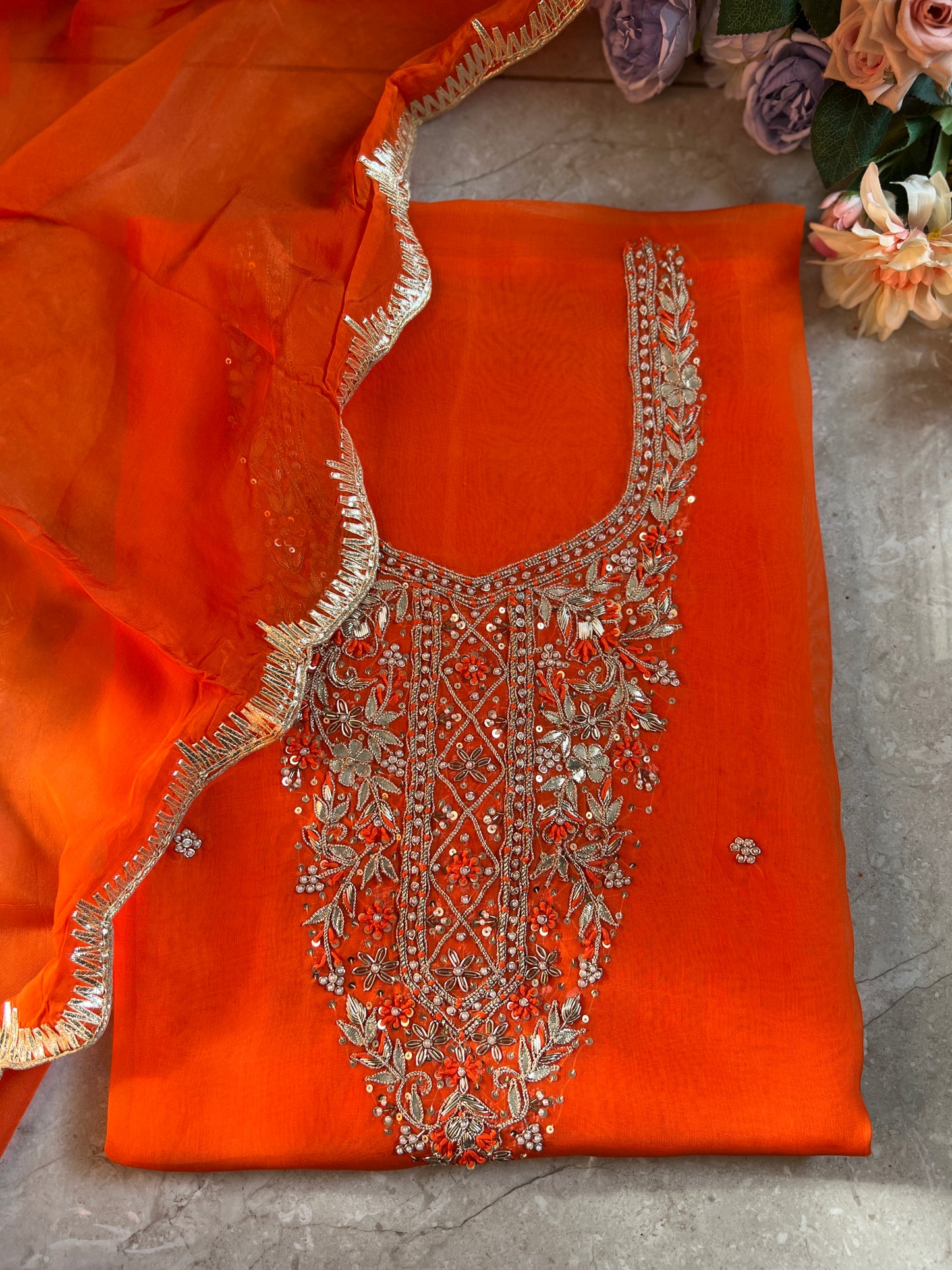 Fanta Orange Organza Ensemble with Handwork & Gotaphool Detailing