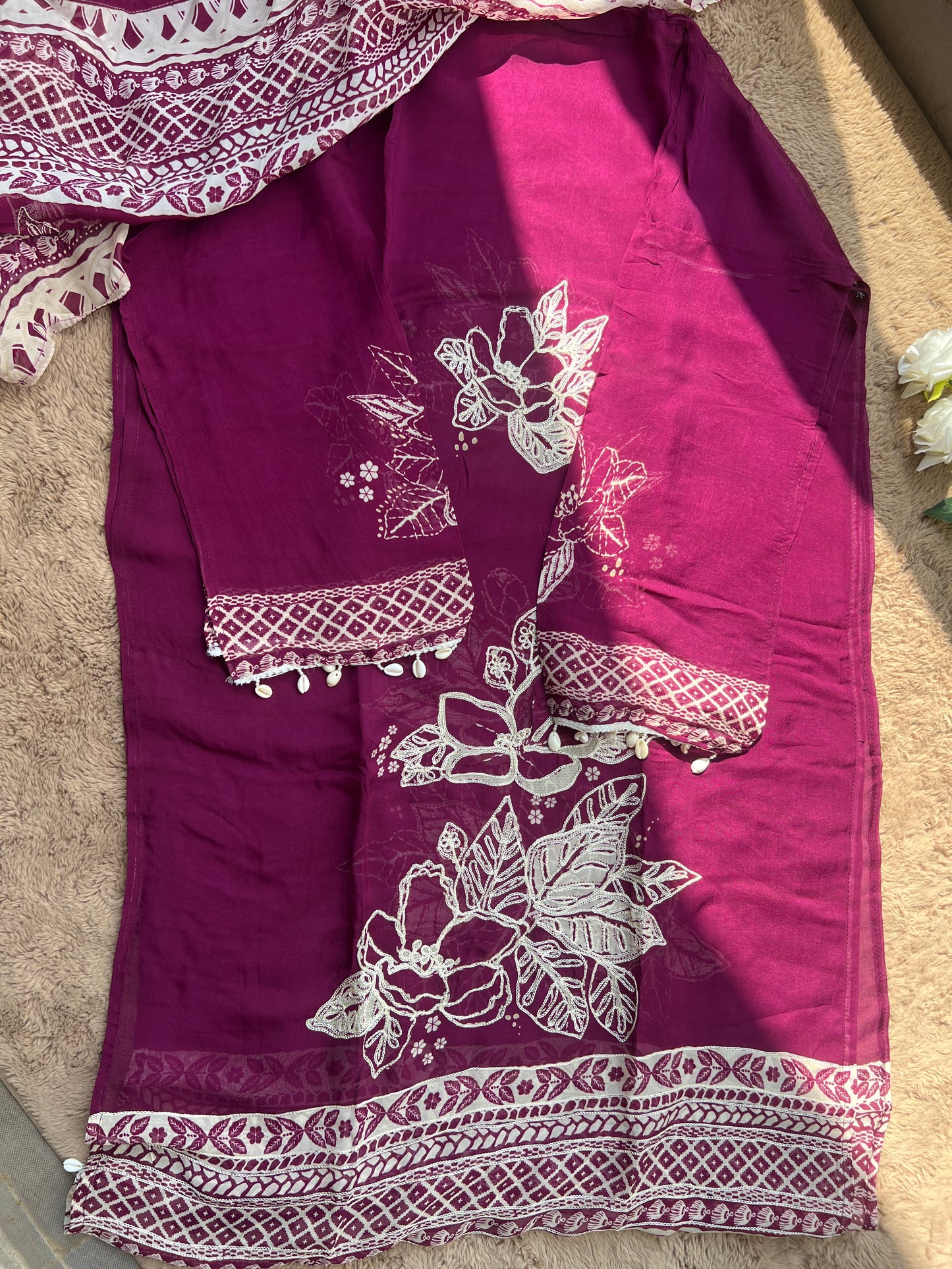 Magenta Muse: Pakistani Semi-Stitched Suit with Seashell Detailing