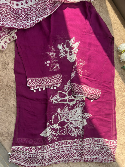 Magenta Muse: Pakistani Semi-Stitched Suit with Seashell Detailing