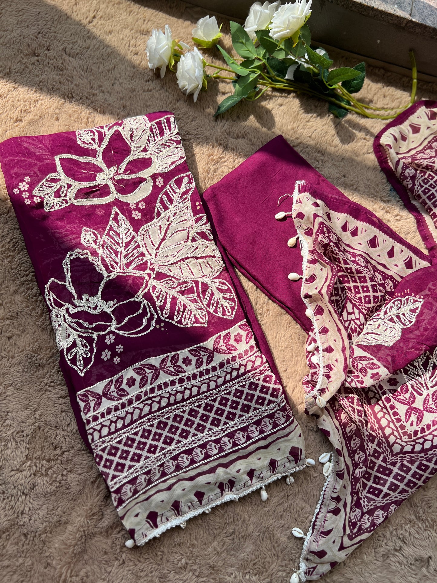 Magenta Muse: Pakistani Semi-Stitched Suit with Seashell Detailing