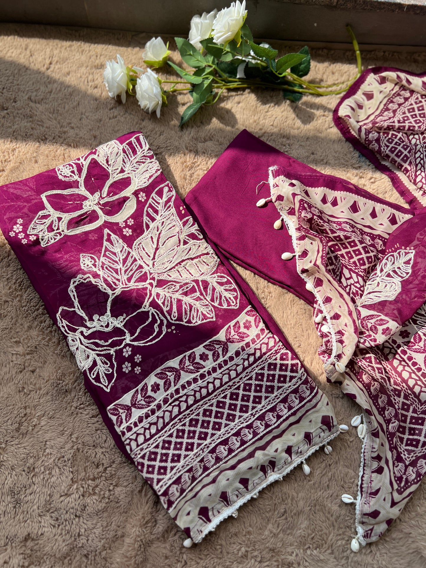 Magenta Muse: Pakistani Semi-Stitched Suit with Seashell Detailing