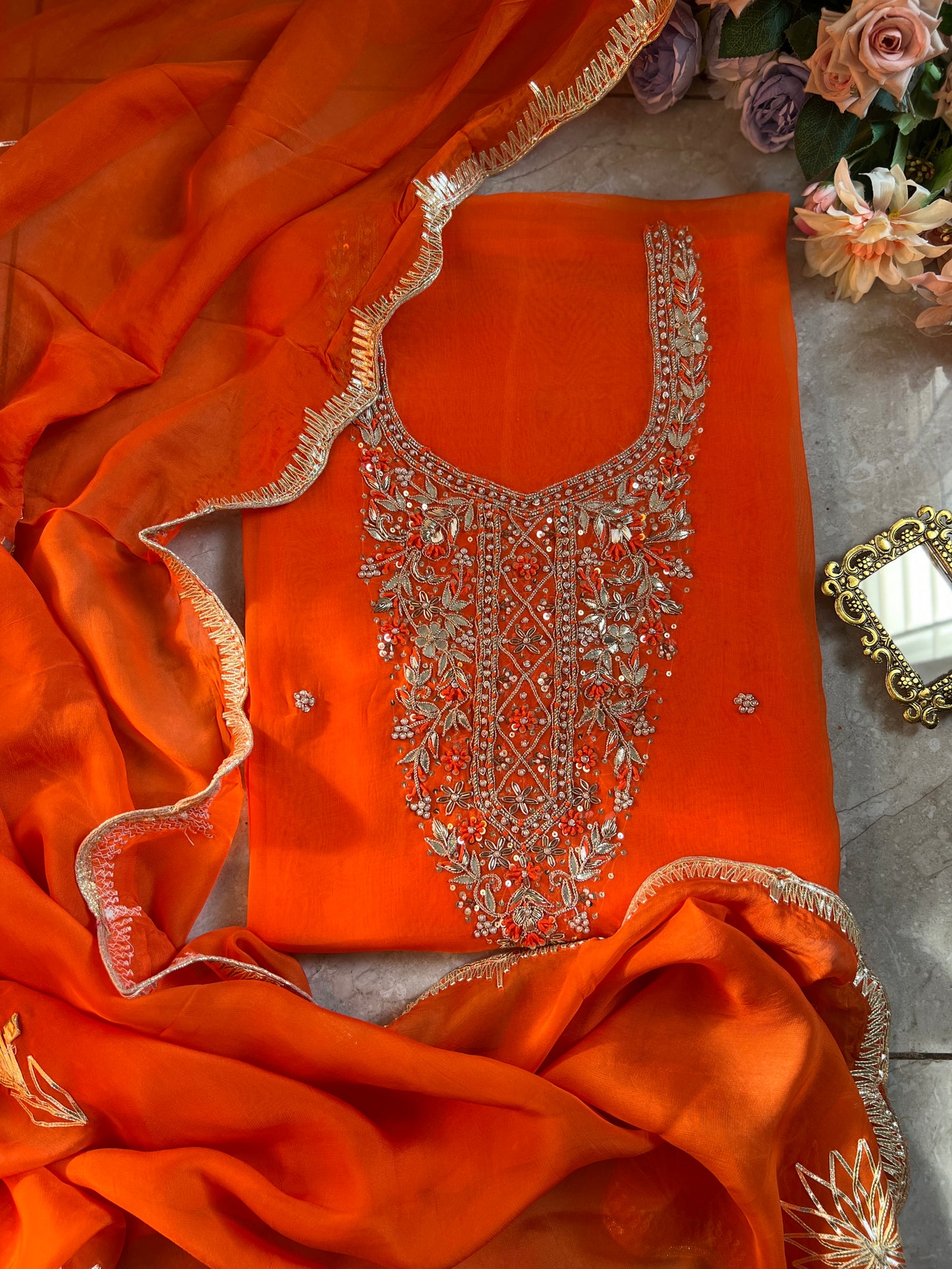 Fanta Orange Organza Ensemble with Handwork & Gotaphool Detailing