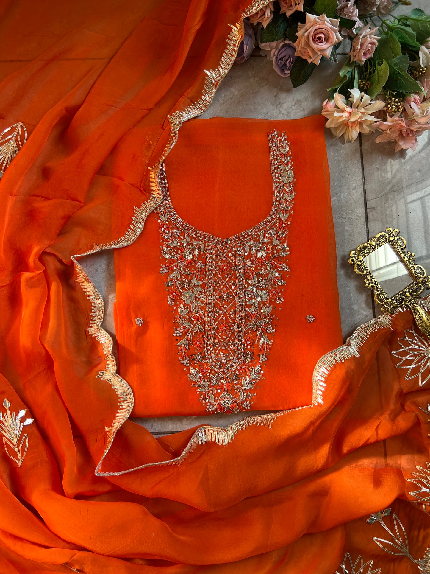 Fanta Orange Organza Ensemble with Handwork & Gotaphool Detailing
