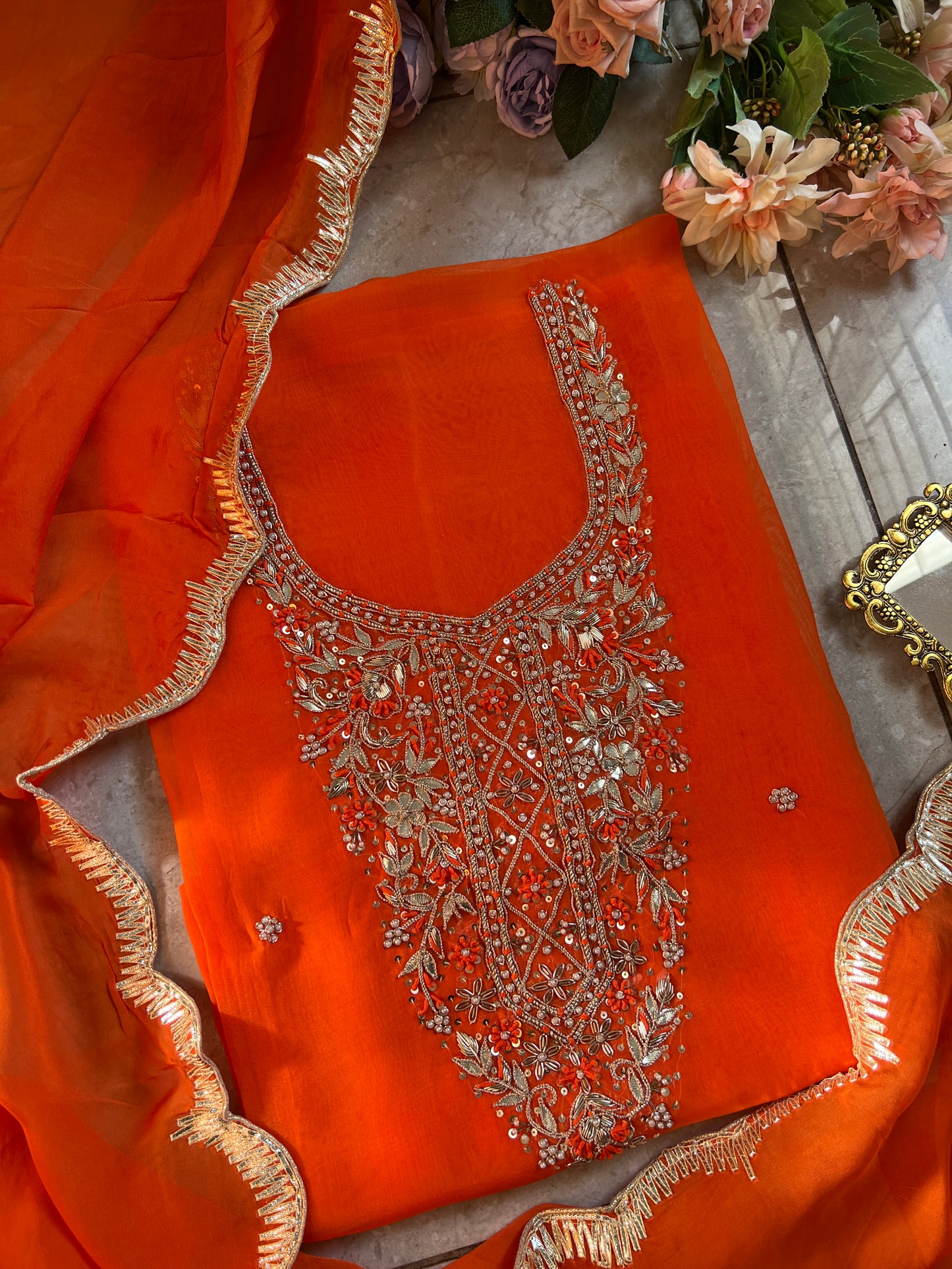Fanta Orange Organza Ensemble with Handwork & Gotaphool Detailing