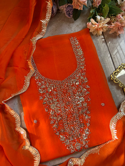 Fanta Orange Organza Ensemble with Handwork & Gotaphool Detailing