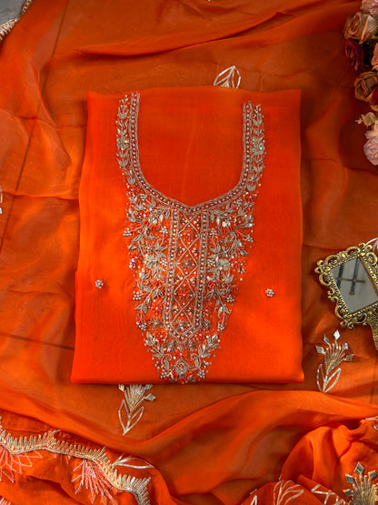 Fanta Orange Organza Ensemble with Handwork & Gotaphool Detailing