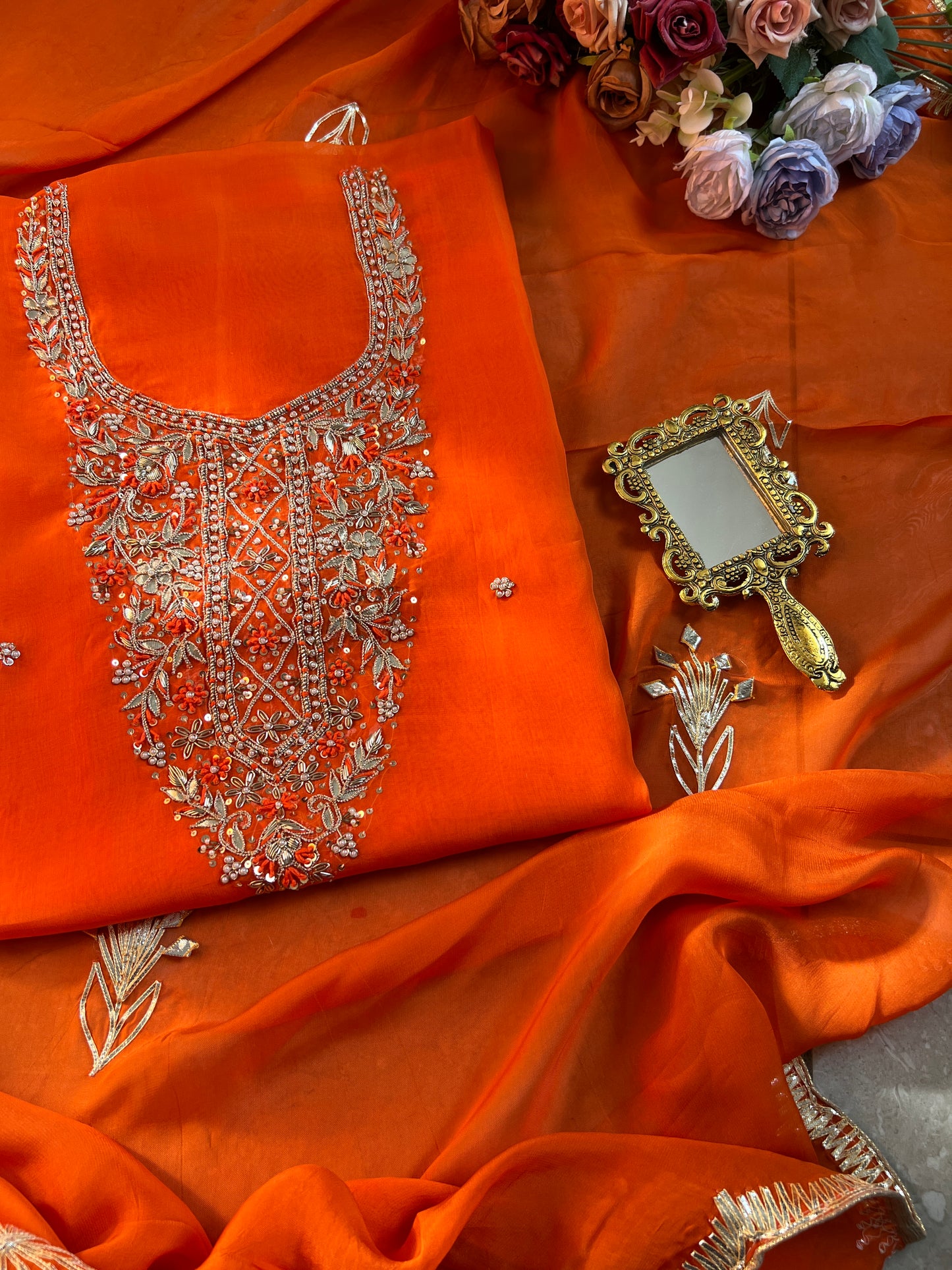 Fanta Orange Organza Ensemble with Handwork & Gotaphool Detailing