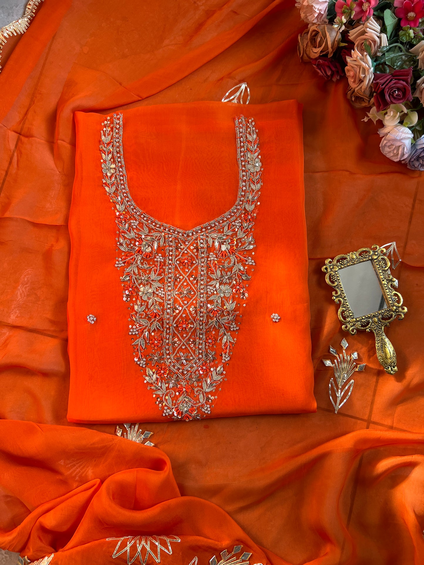 Fanta Orange Organza Ensemble with Handwork & Gotaphool Detailing