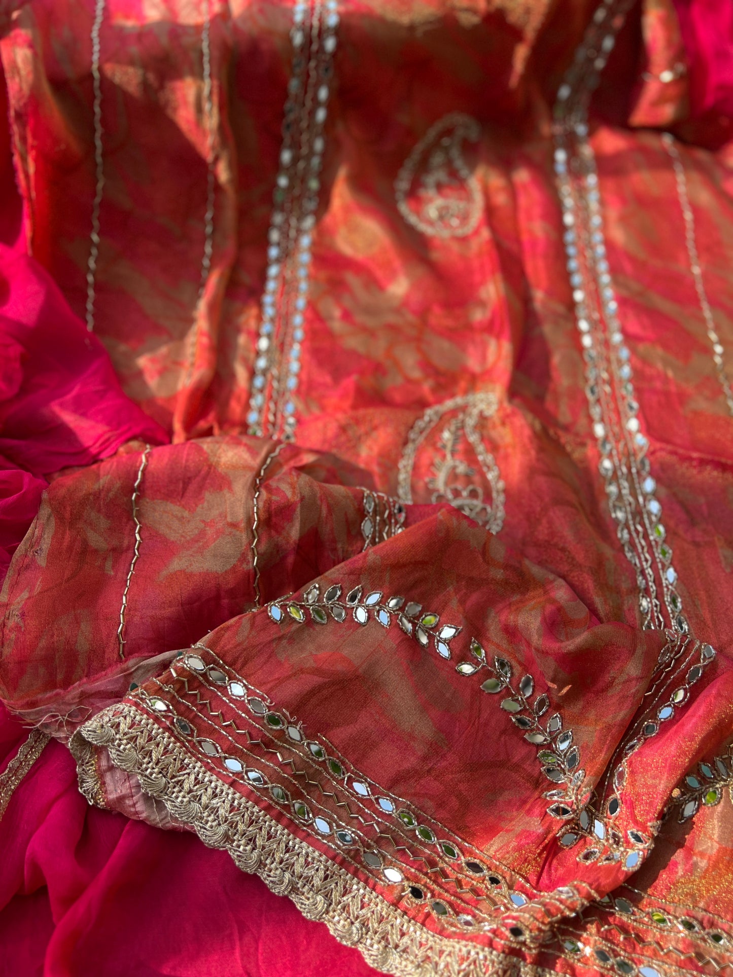 Crimson Gold Shimmer silk suit set