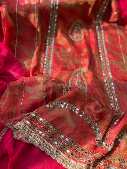 Crimson Gold Shimmer silk suit set