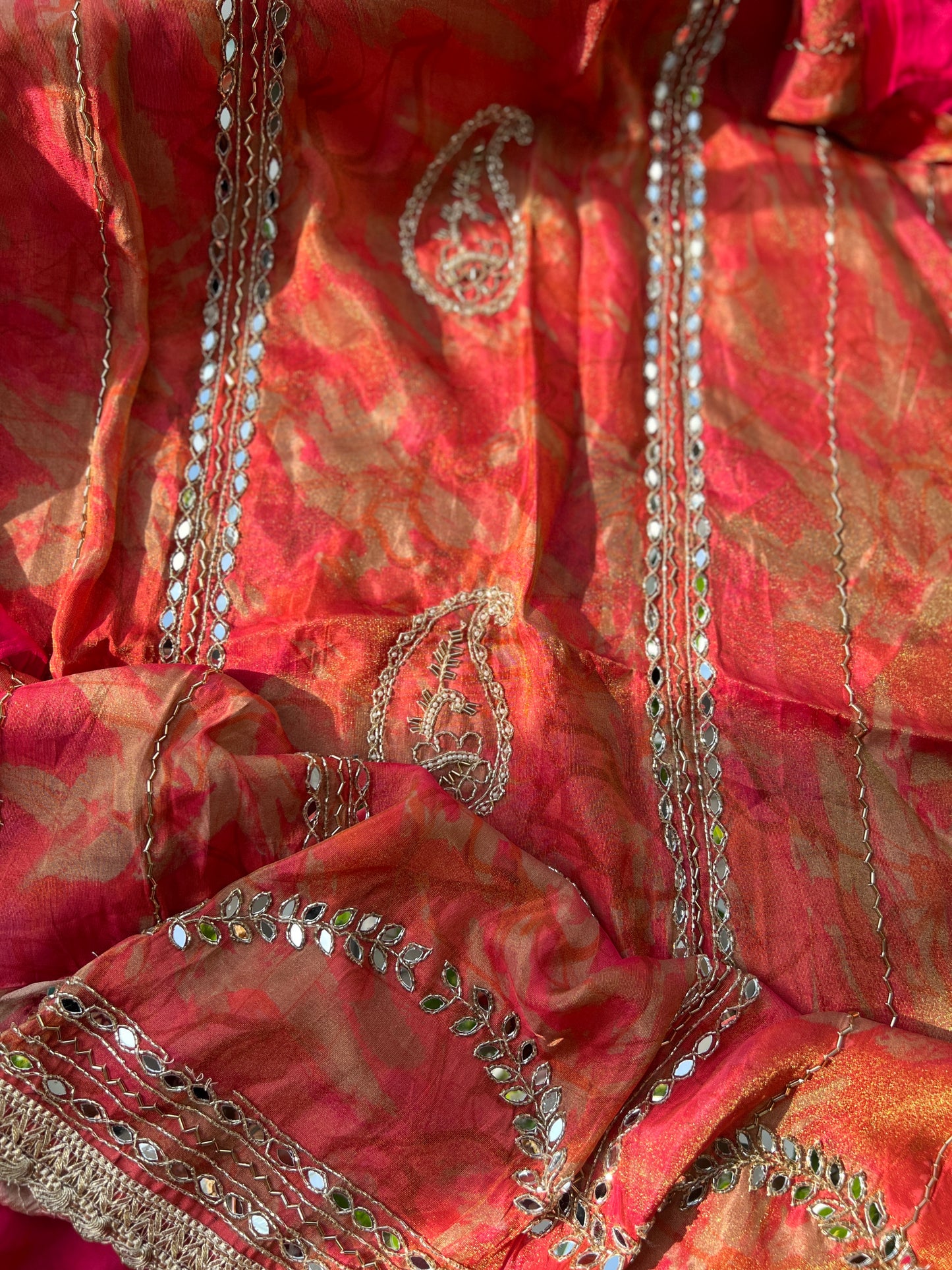Crimson Gold Shimmer silk suit set