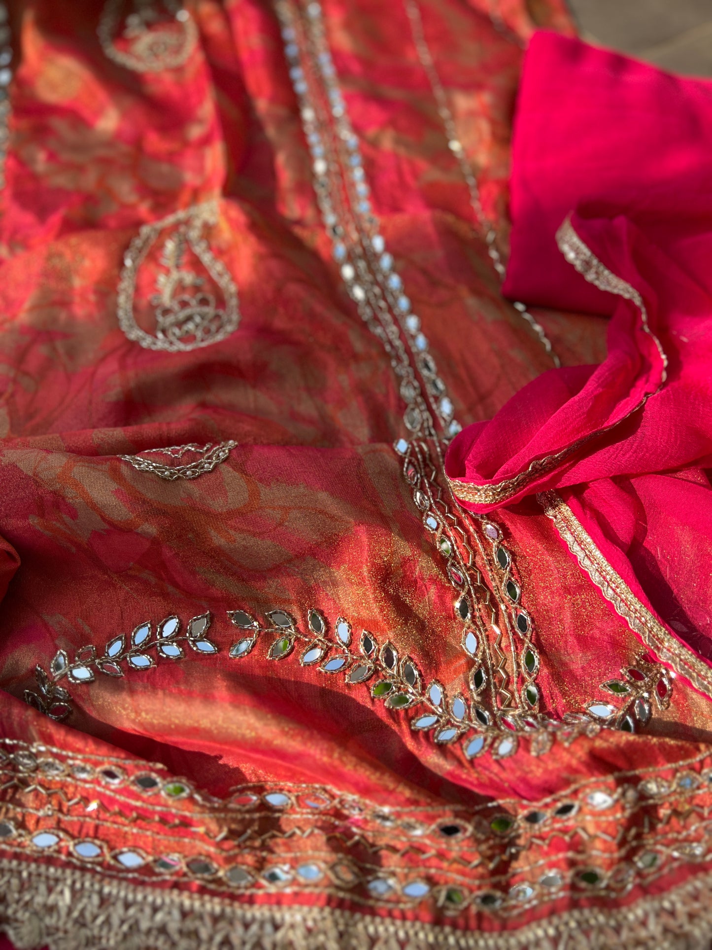 Crimson Gold Shimmer silk suit set