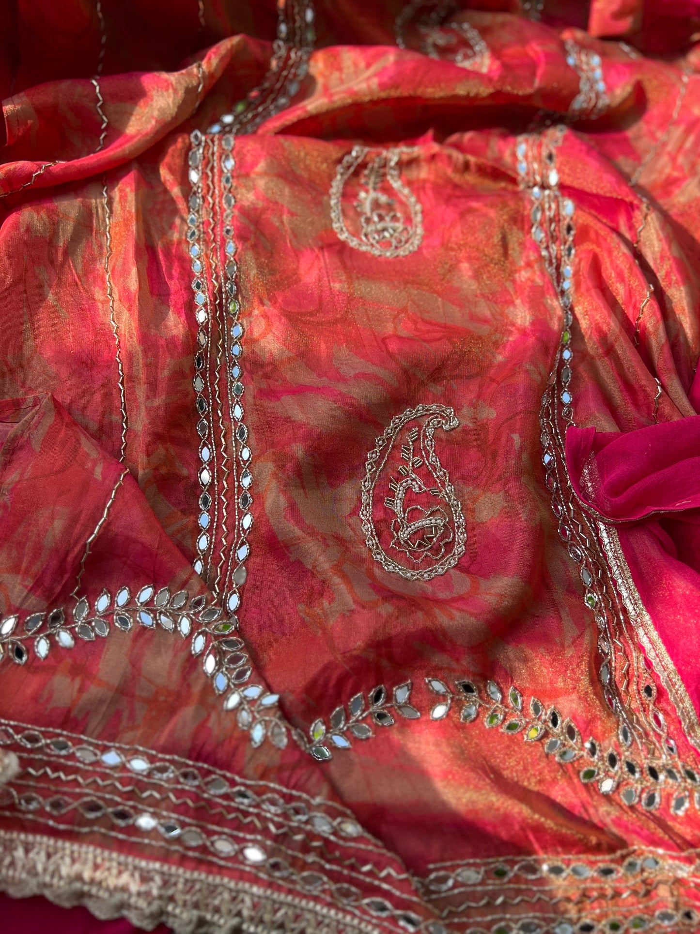 Crimson Gold Shimmer silk suit set
